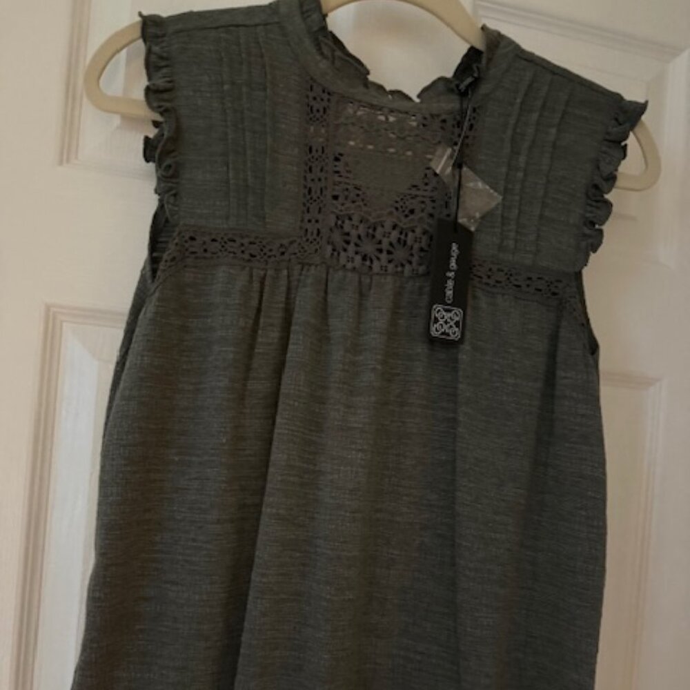 Cable & Gauge Mock Ruffle Neck Lace Inset Top, Small, NWT